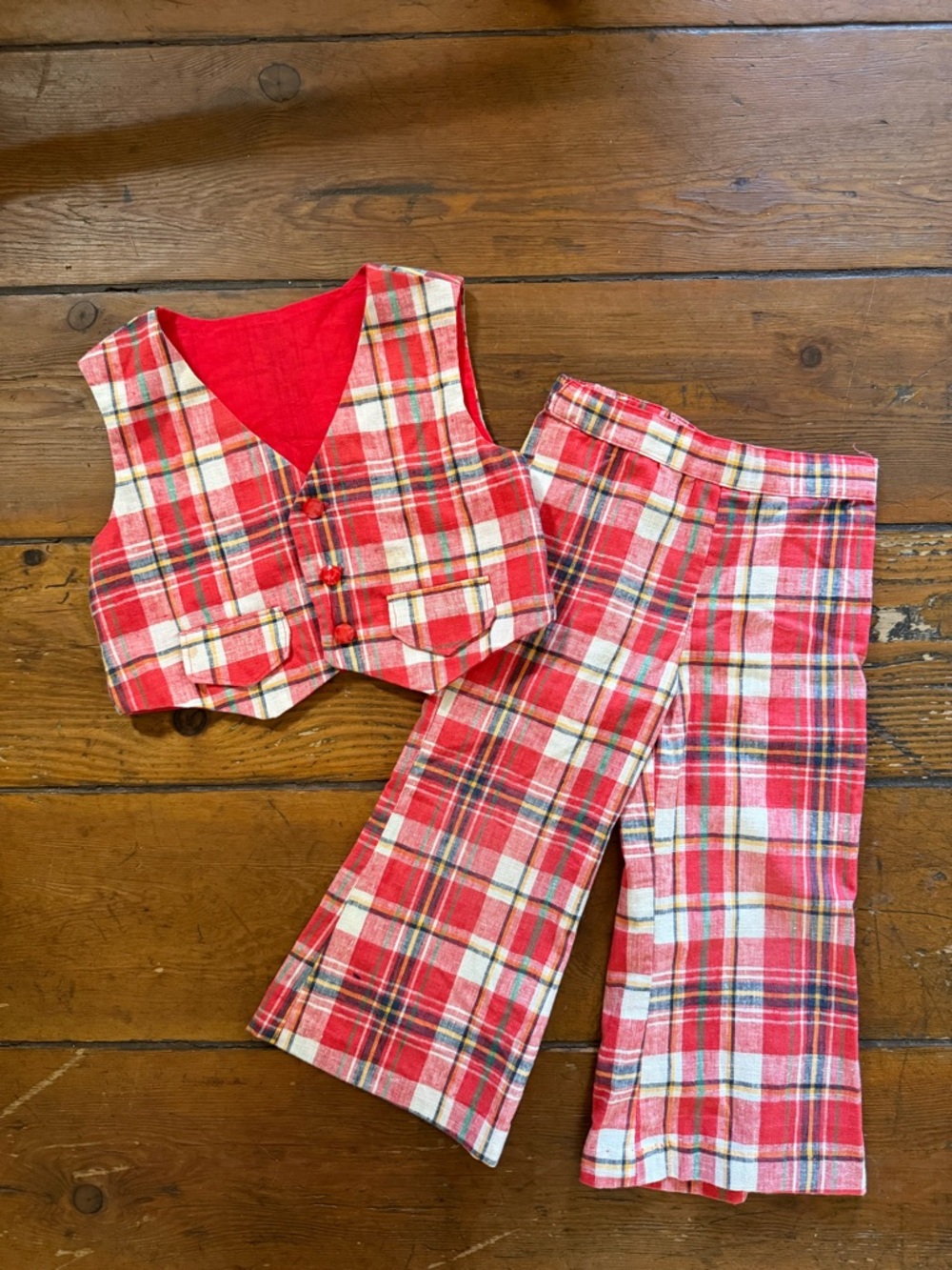 VTG 70s Red and White Plaid Vest + Matching Bell-Bottom Pants